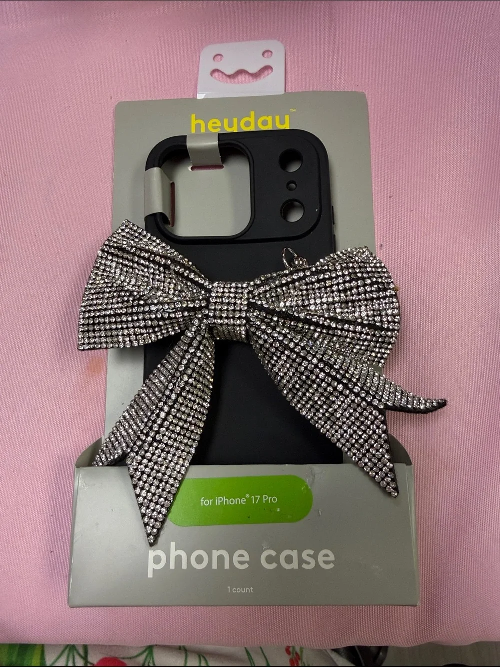 heyday Black iPhone 17 Pro Case with Silver Rhinestone Bow Accent